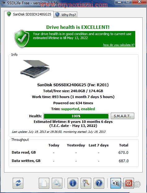 SSD硬盘健康状态寿命检测软件_SSD Life Free