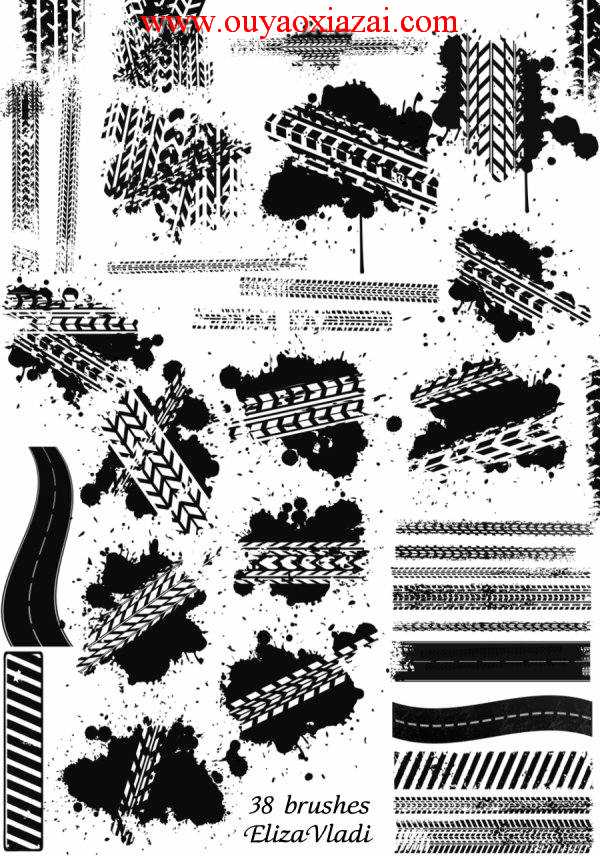 轮胎印|车轮印迹|轮胎印痕PS笔刷
