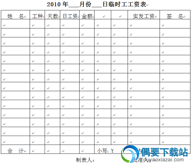 临时工工资表模版免费下载